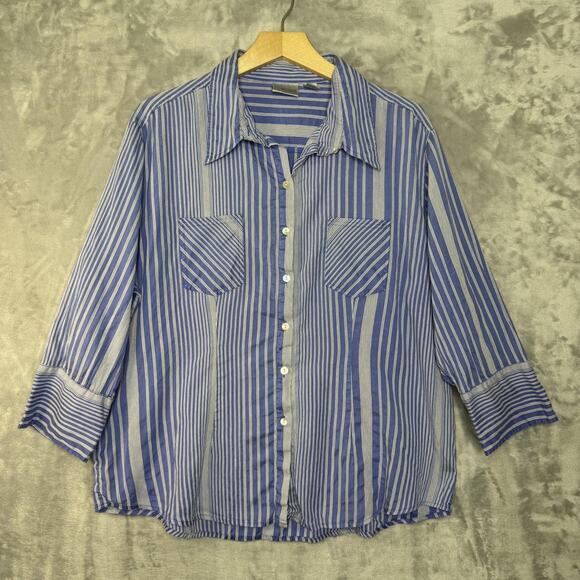 Chico's Shirt Womens 3 XL Blue White Striped Button Front Silk Blend 3/4 Sleeve - Picture 2 of 10